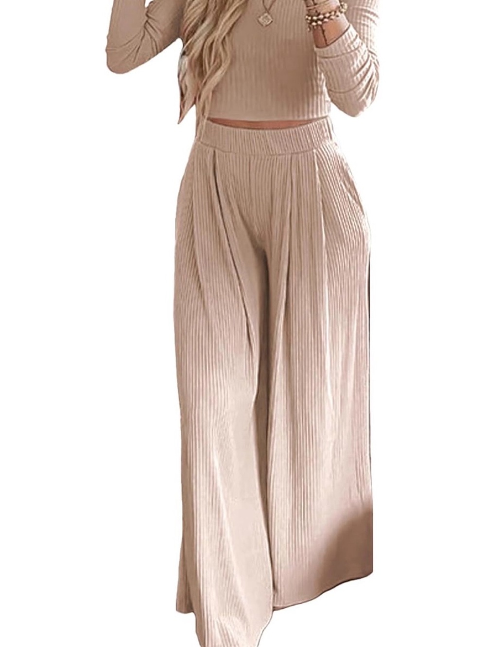 Ribbed Wide-Leg Lounge Pants and Long Sleeved Crop Top Set in Apricot Size L